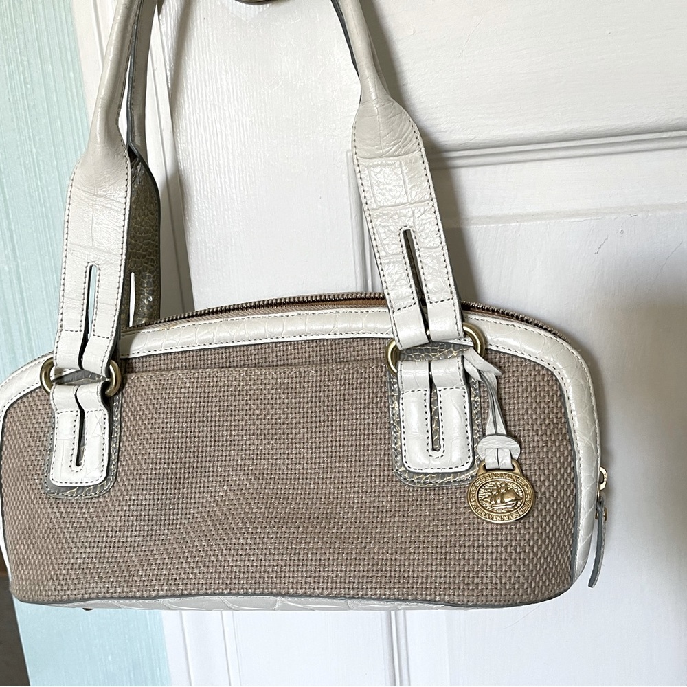 Brahmin over shoulder woven body and embossed leather straps